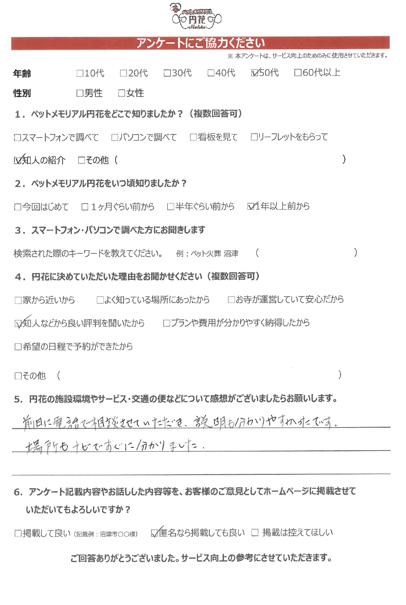 【沼津市】匿名希望様|ペットメモリアル円花~まどか~ご利用のお客様