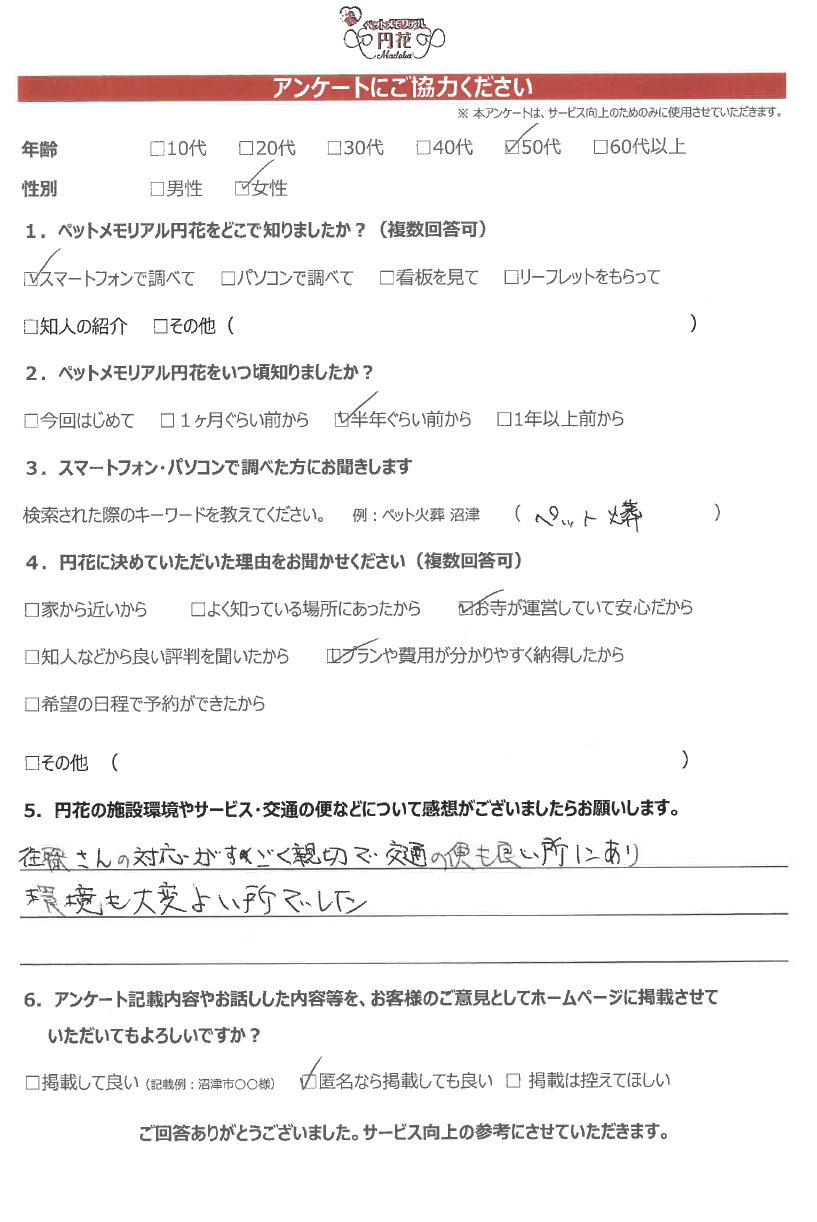 【長泉町】匿名希望様|ペットメモリアル円花~まどか~ご利用のお客様