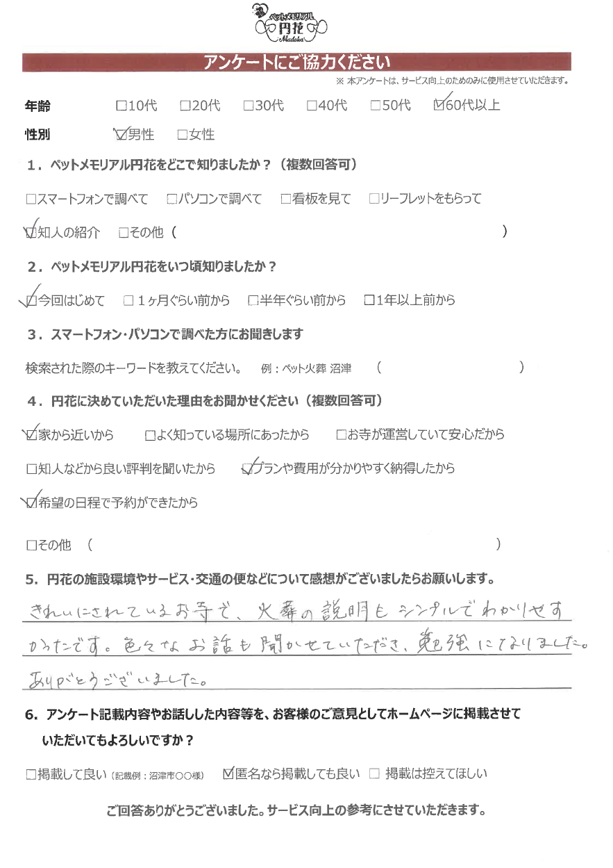【沼津市】匿名希望様|ペットメモリアル円花~まどか~ご利用のお客様