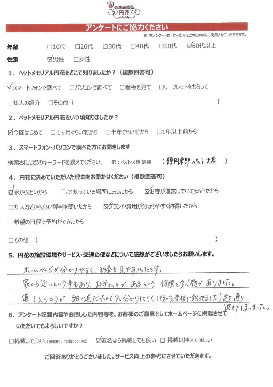 【沼津市】匿名希望様|ペットメモリアル円花~まどか~ご利用のお客様
